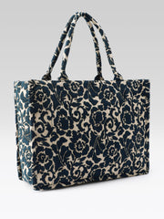 PRIMROSE Woven Tote Bag, Ethnic Print, Cotton Fabric (Navy Blue)