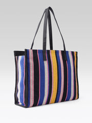 PRIMROSE Striped Tote Bag, Multicolor Canvas, Black Leather Handles, Yellow Blue Pink Stripes