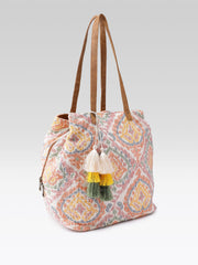 PRIMROSE Woven Tote Bag with Colorful Geometric Pattern, Tassel Detail (Multi)