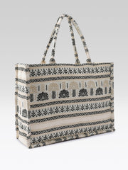 PRIMROSE Woven Tote Bag, Beige and Black, Ethnic Print, Cotton Fabric