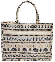 PRIMROSE Woven Tote Bag, Beige and Black, Ethnic Print, Cotton Fabric