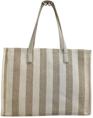 PRIMROSE Striped Tote Bag, Beige and White Vertical Stripes, Canvas Material, Shoulder Handbag with Handles