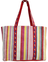 PRIMROSE Multicolor Striped Tote Bag with Floral Embroidered Handles, Red Trim, Canvas Material