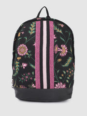 PRIMROSE Floral Print Backpack with Pink Stripes, Black Canvas, Decorative Pattern