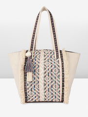PRIMROSE Bohemian Canvas Tote Bag, Geometric Pattern, Fringe Tassel Detail, Cream and Blue