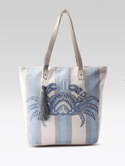 PRIMROSE Embroidered Crab Beach Tote Bag, Blue and White Striped Canvas, Tassel Detail