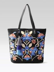 PRIMROSE Embroidered Floral Tote Bag with Tassel, Black Canvas with Blue and Coral Design, Large Shoulder Bag