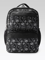 PRIMROSE Floral Pattern Backpack with Multiple Compartments, Black and White Design
