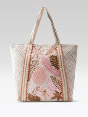 PRIMROSE Woven Beach Tote Bag with Tropical Leaf Embroidery, Peach Pom Pom Trim, Cream and Pink