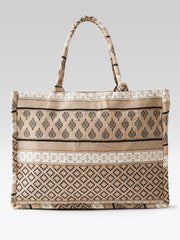 PRIMROSE Boho Canvas Tote Bag, Geometric Pattern, Brown Large Casual Shopping Handbag