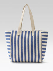 PRIMROSE Striped Tote Bag, Blue and Cream, Canvas Material, Patchwork Design, Shoulder Bag (Blue & Cream)