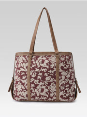 PRIMROSE Floral Tote Bag, Burgundy and Cream, Zip Closure, Spacious Shoulder Bag
