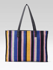 PRIMROSE Striped Tote Bag, Multicolor Canvas, Black Leather Handles, Yellow Blue Pink Stripes