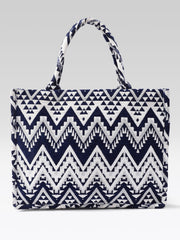 PRIMROSE Woven Tote Bag for Women, Navy Blue and Beige, Handbag