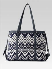 PRIMROSE Aztec Chevron Print Tote Bag, Navy Blue and White, Woven Fabric, Spacious Shoulder Bag