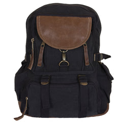 Heavy Duty 22 OZ Cotton Canvas Backpack with Real Leather Trim, Black,Vintage Style, Multiple Compartments