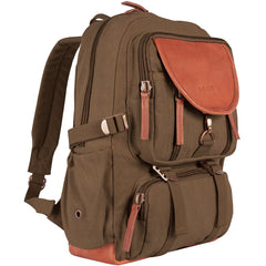 Heavy Duty 22 OZ Cotton Canvas Backpack with Real Leather Trim, Brown ,Vintage Style, Multiple Compartments