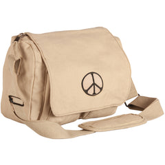 Heavy Duty Cotton Canvas 22 OZ, Retro Departure Shoulder Bag, Khaki, Style: Peace Sign