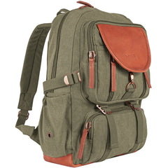 Heavy Duty 22 OZ Cotton Canvas Backpack with Real Leather Trim, Olive Drab ,Vintage Style, Multiple Compartments
