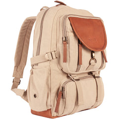 Heavy Duty 22 OZ Cotton Canvas Backpack with Real Leather Trim, Khaki ,Vintage Style, Multiple Compartments