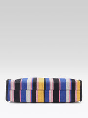 PRIMROSE Striped Tote Bag, Multicolor Canvas, Black Leather Handles, Yellow Blue Pink Stripes