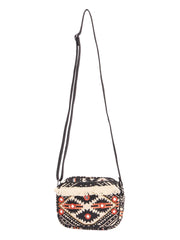 RIMROCK Boho Crossbody Bag, Aztec Pattern with Fringe Trim, Black and Beige, Mirror Embellishments