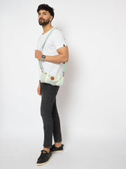 Canvas Duffle Bag, Mint Green with White Straps, Leather Accents, Cylindrical Design