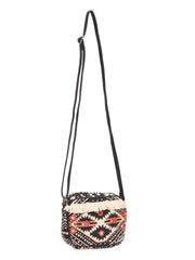 RIMROCK Boho Crossbody Bag, Aztec Pattern with Fringe Trim, Black and Beige, Mirror Embellishments
