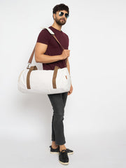 Canvas Duffle Bag with Contrast Straps, White and Brown, Large Gym Travel Shoulder Bag