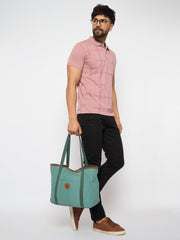 RIMROCK Canvas Tote Bag, Large Capacity, Mint Green with Brown Trim, Shoulder Straps