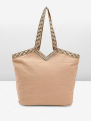 PRIMROSE Handcrafted Woven Tote Bag with Tassel Accent Beige and Pink