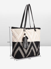 PRIMROSE Handcrafted Woven Tote Bag with Tassel Detail Black and Off-White
