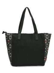 RIMROCK Geometric Print Tote Bag with Tassel, Black and White Pattern, Red Accents, Large Shoulder Straps