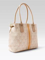 Ladies Jacquard Tote Bag with Gold Stripe, Beige and White Pattern, Double Handle