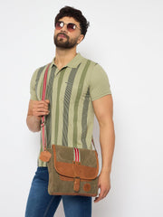 Canvas Messenger Bag with Leather Trim, Olive Green with Red Stripe, Vintage Style Shoulder Bag