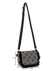 PRIMROSE Geometric Pattern Shoulder Bag with Fringe Detailing, Black and White
