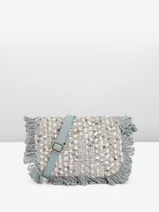 PRIMROSE Stylish Fringed Crossbody Bag with Tweed Pattern Grey