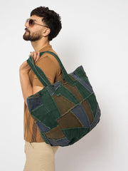 RIMROCK Patchwork Canvas Tote Bag, Large Casual Shoulder Bag, Green Brown Grey