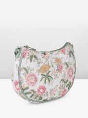 Floral Print Crossbody Handbag, Mint Green Trim, White Canvas with Pink Roses