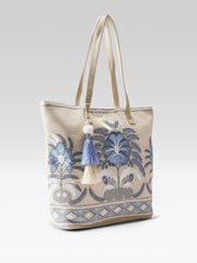 PRIMROSE Embroidered Canvas Tote Bag with Blue Floral Design, Decorative Tassels, Cream Colour