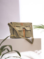 Vintage Canvas Messenger Bag, Military Style, Khaki Green with Leather Trim, Multiple Pockets