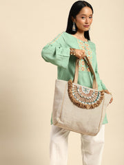 PRIMROSE Boho Beach Tote Bag, Canvas with Shell Embellishments, Fringe Detail, Natural Beige