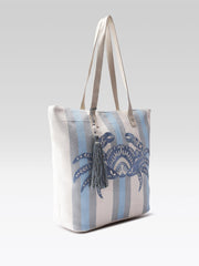 PRIMROSE Embroidered Crab Beach Tote Bag, Blue and White Striped Canvas, Tassel Detail