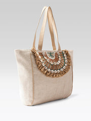 PRIMROSE Boho Beach Tote Bag, Canvas with Shell Embellishments, Fringe Detail, Natural Beige