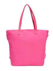 RIMROCK Bohemian Beach Tote Bag, Pink and White Geometric Pattern, Tassel Accent, Large Canvas Shoulder Bag