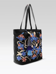 PRIMROSE Embroidered Floral Tote Bag with Tassel, Black Canvas with Blue and Coral Design, Large Shoulder Bag