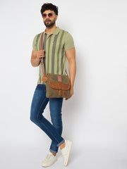 Canvas Messenger Bag with Leather Trim, Olive Green with Red Stripe, Vintage Style Shoulder Bag