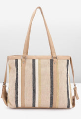 PRIMROSE Women's Beige and Black Striped Tote Bag with Dual Handles