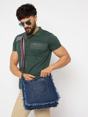 RIMROCK Distressed Denim Crossbody Bag with Striped Strap, Frayed Edge Design, Blue