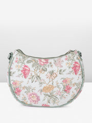 Floral Print Crossbody Handbag, Mint Green Trim, White Canvas with Pink Roses